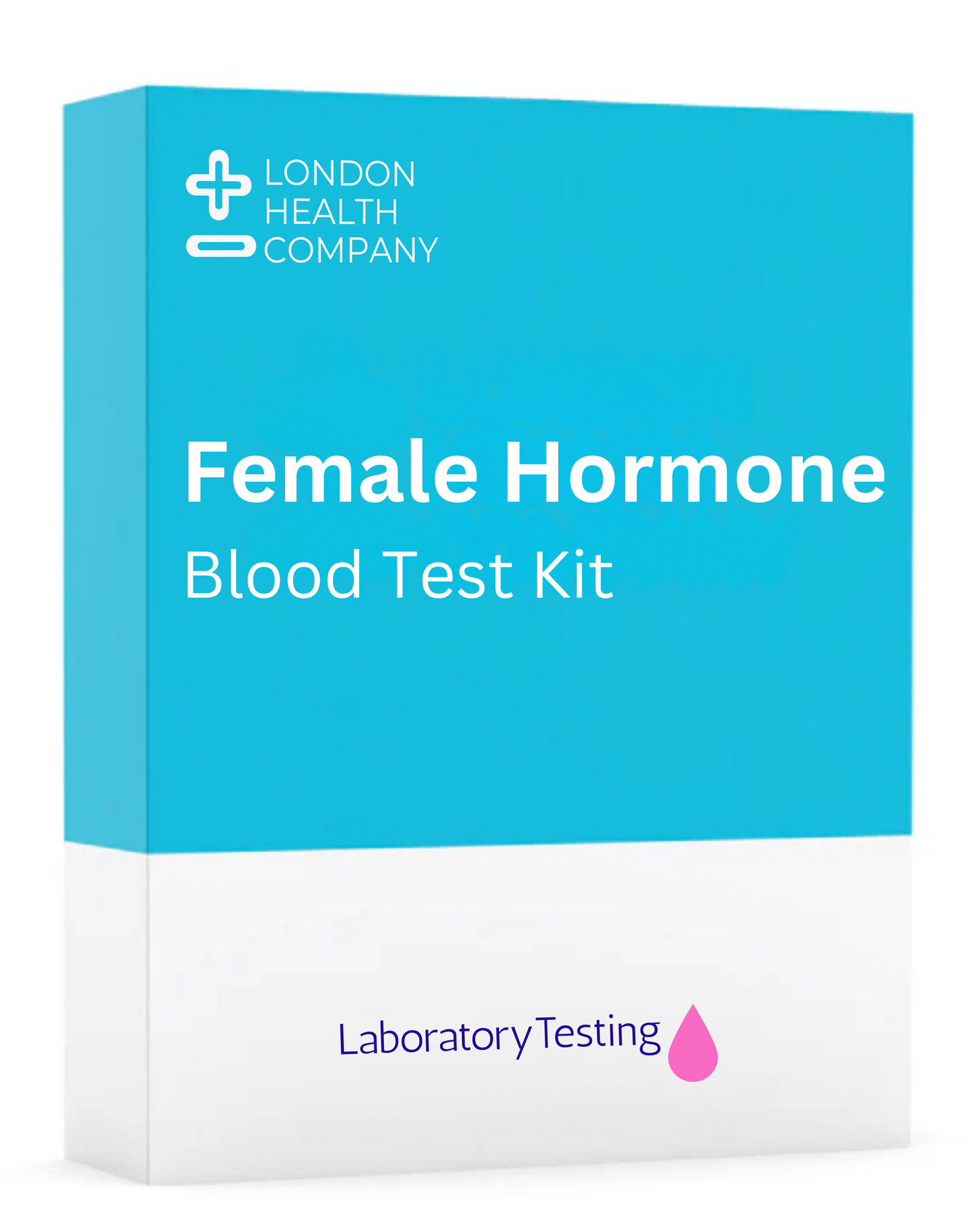 Complete female hormone blood test kit with all components for home sample collection, measuring progesterone, FSH, prolactin, testosterone, LH, and oestrogen (oestradiol)