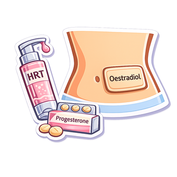 Illustration of HRT products including a bottle, pills, and a labeled abdomen with 'Oestradiol' and 'Progesterone' to monitor  female hormones or HRT