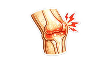 Illustration of an inflamed knee with a red pain symbol representing joint discomfort and inflammation.