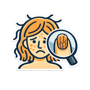 Illustration showing acne, brittle nails, and hair shedding 