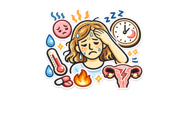 Illustration of a woman with menopause symptoms including headache, mood swings, sleep issues, and hot flashes.