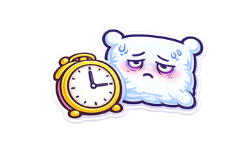 Cartoon character with an angry expression next to a clock representing sleep difficulties and insomnia.