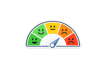 Colourful stress level gauge with smiley face indicators on a white background.