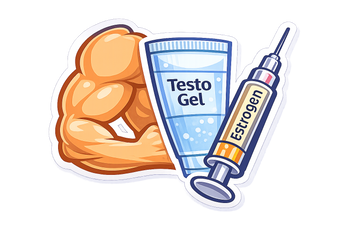 Illustration of a muscular arm, testo gel tube, and estrogen syringe on a white background for people who want to test testosterone levels 