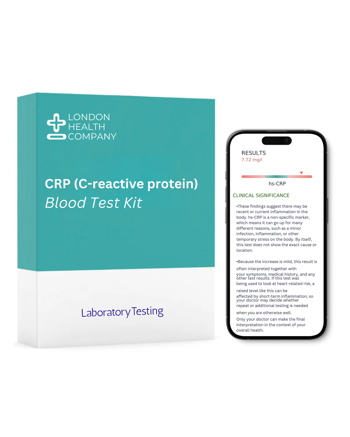 London Health Company CRP (C-reactive protein) Blood Test Kit shown as a teal and white box next to a smartphone displaying the test results screen on a white background.