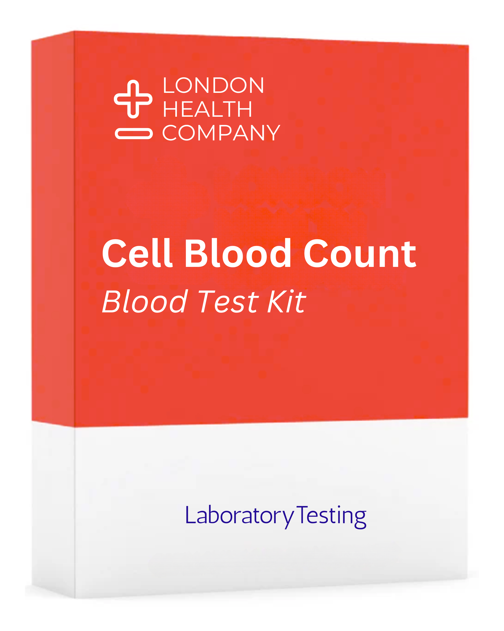 A product box for the London Health Company Cell Blood Count Blood Test Kit, featuring a bright red top half with white text and logo, and a white bottom half with blue text.
