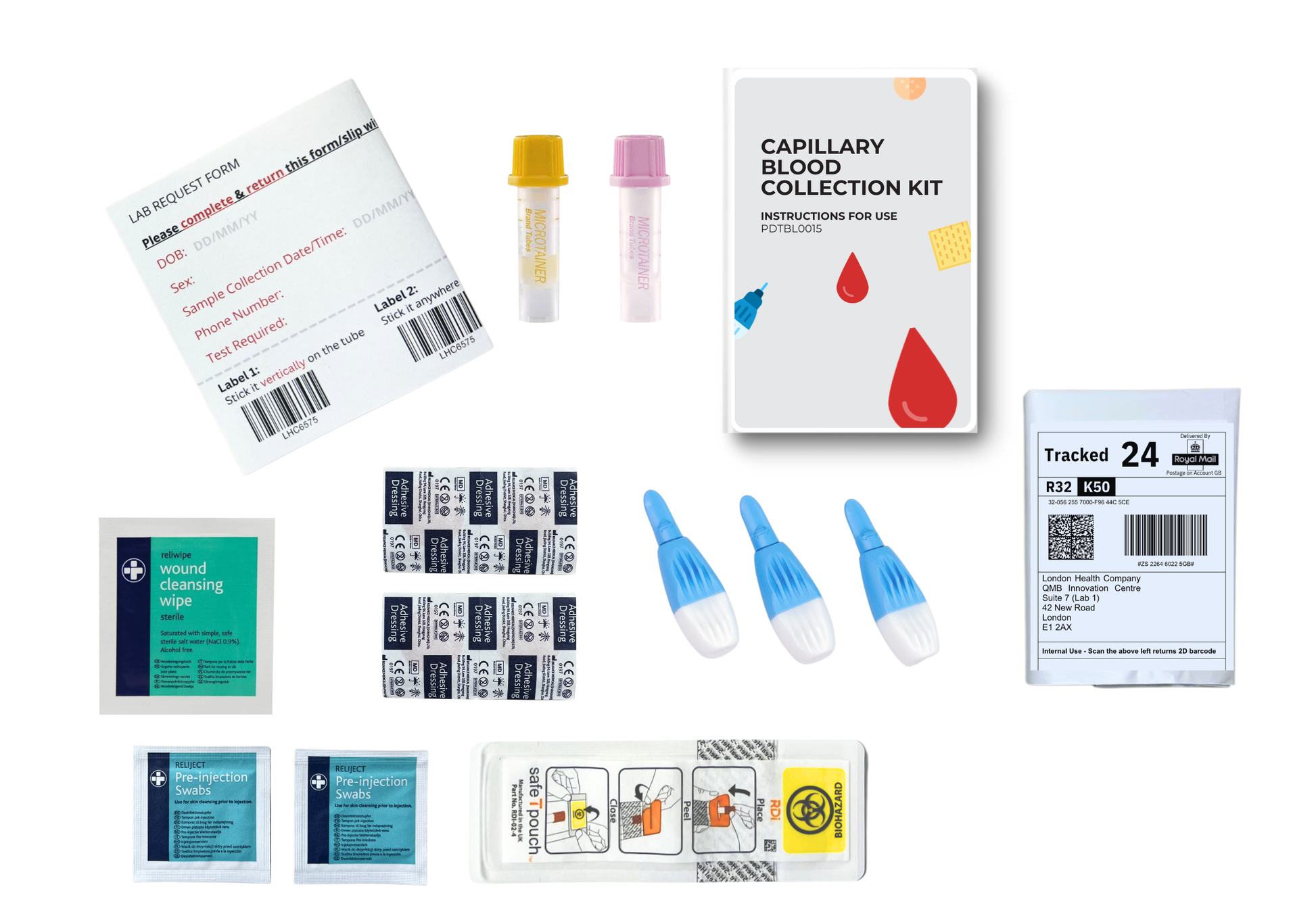 A medical capillary blood collection kit laid out on a white background, including a kit box, labeled collection tubes, blue and white plastic needles, a tracking label, instruction cards, and other medical supplies.