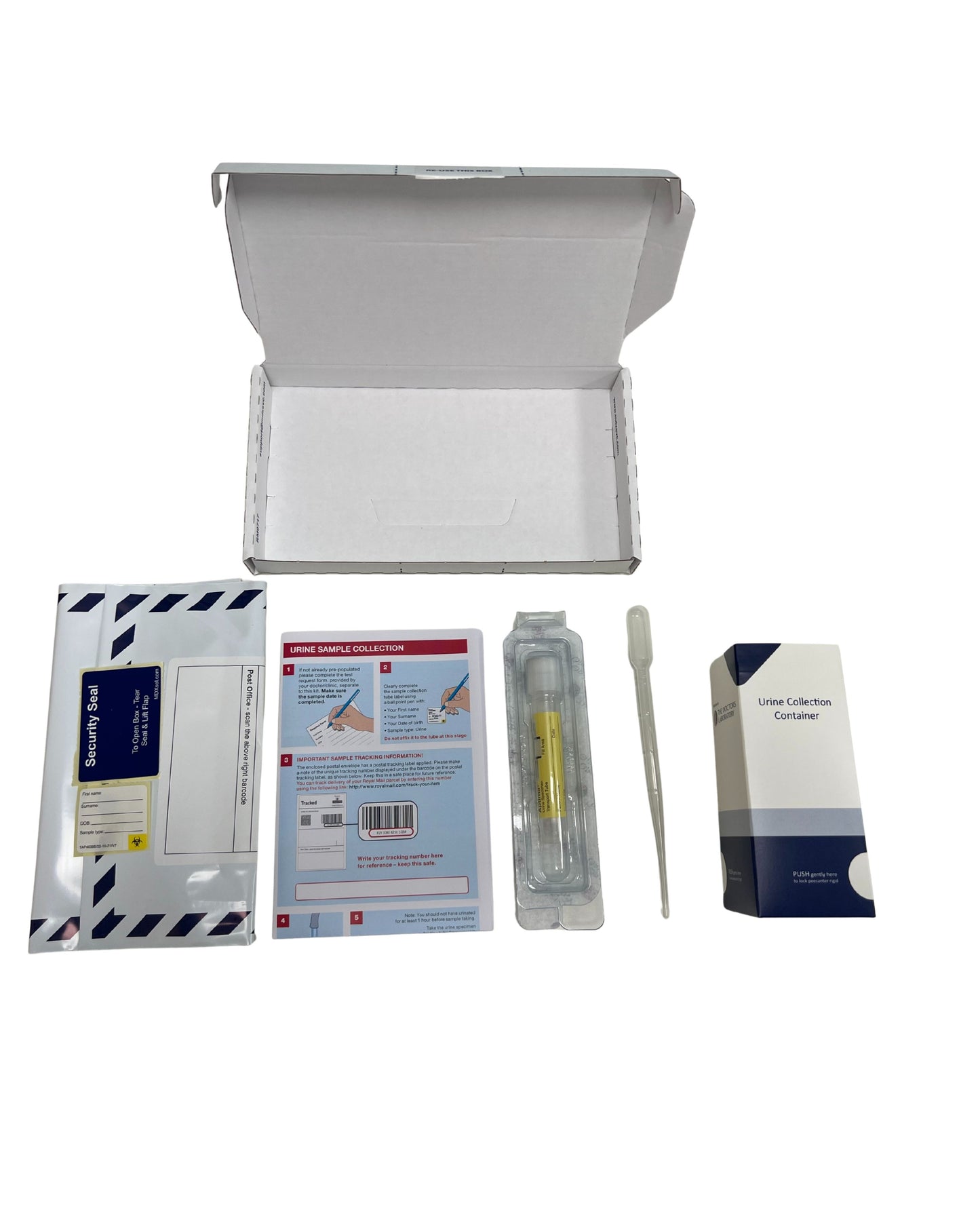 Complete at-home urine STI test kit including prepaid envelope, urine collection cup, urine specimen transport tube, transfer pipette, instructions for use, sample label, lab request slip, and transport pouch.