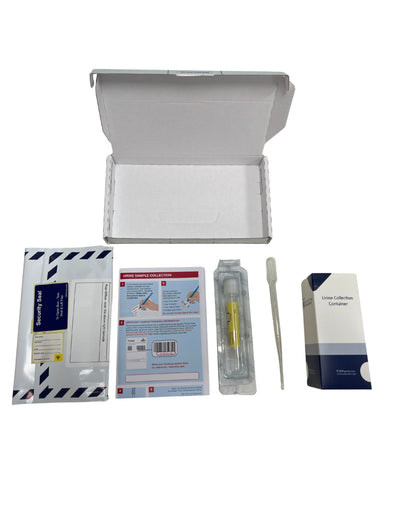 Complete at-home urine STI test kit including prepaid envelope, urine collection cup, urine specimen transport tube, transfer pipette, instructions for use, sample label, lab request slip, and transport pouch.