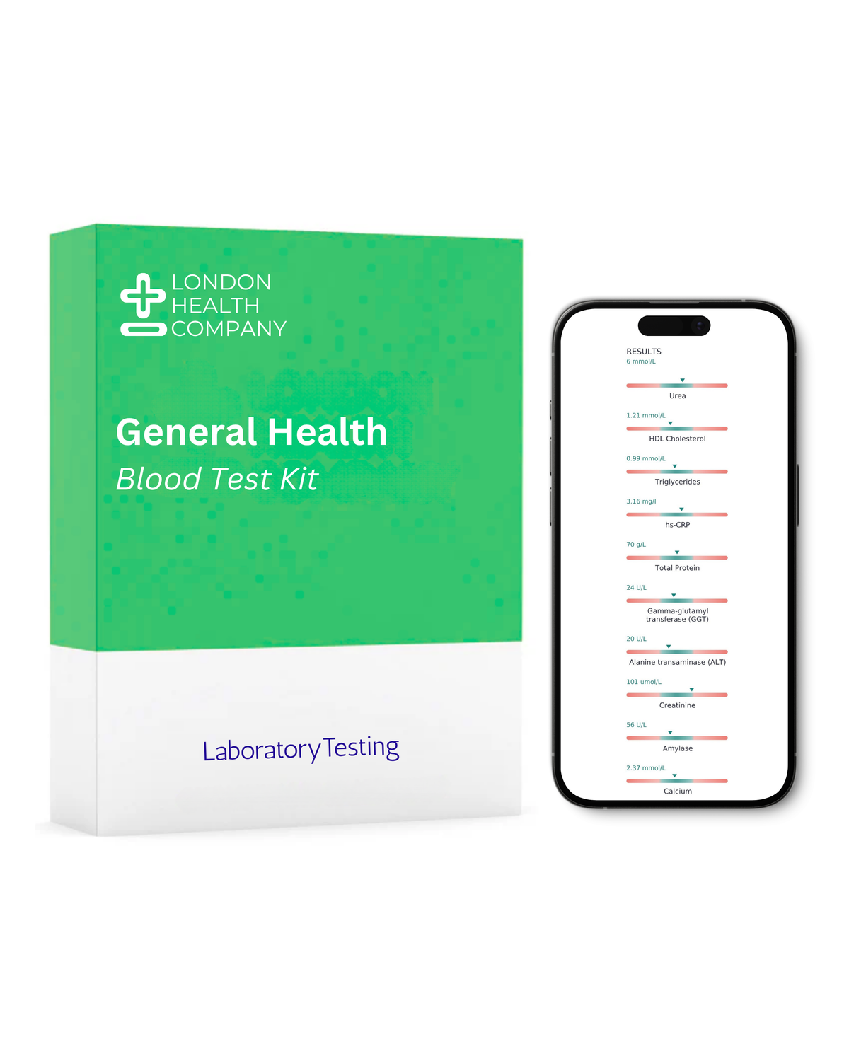 A London Health Company General Health Blood Test Kit box shown next to a smartphone displaying test results on a clean white background.