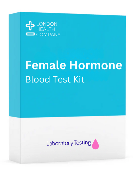 Complete female hormone blood test kit with all components for home sample collection, measuring progesterone, FSH, prolactin, testosterone, LH, and oestrogen (oestradiol)