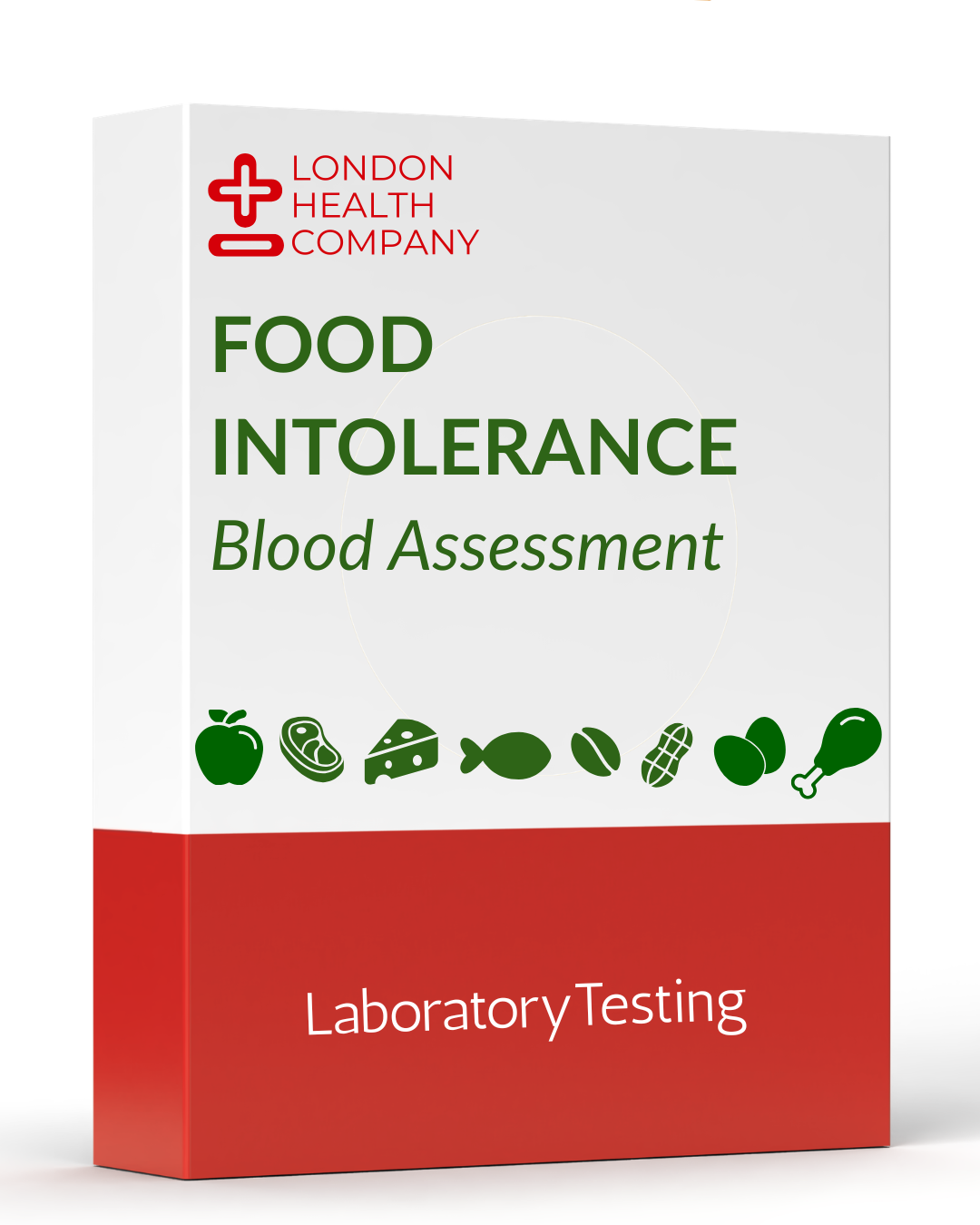 A product box for the London Health Company Food Intolerance Blood Assessment, featuring a white top half with green text and icons, and a red bottom half with white text.