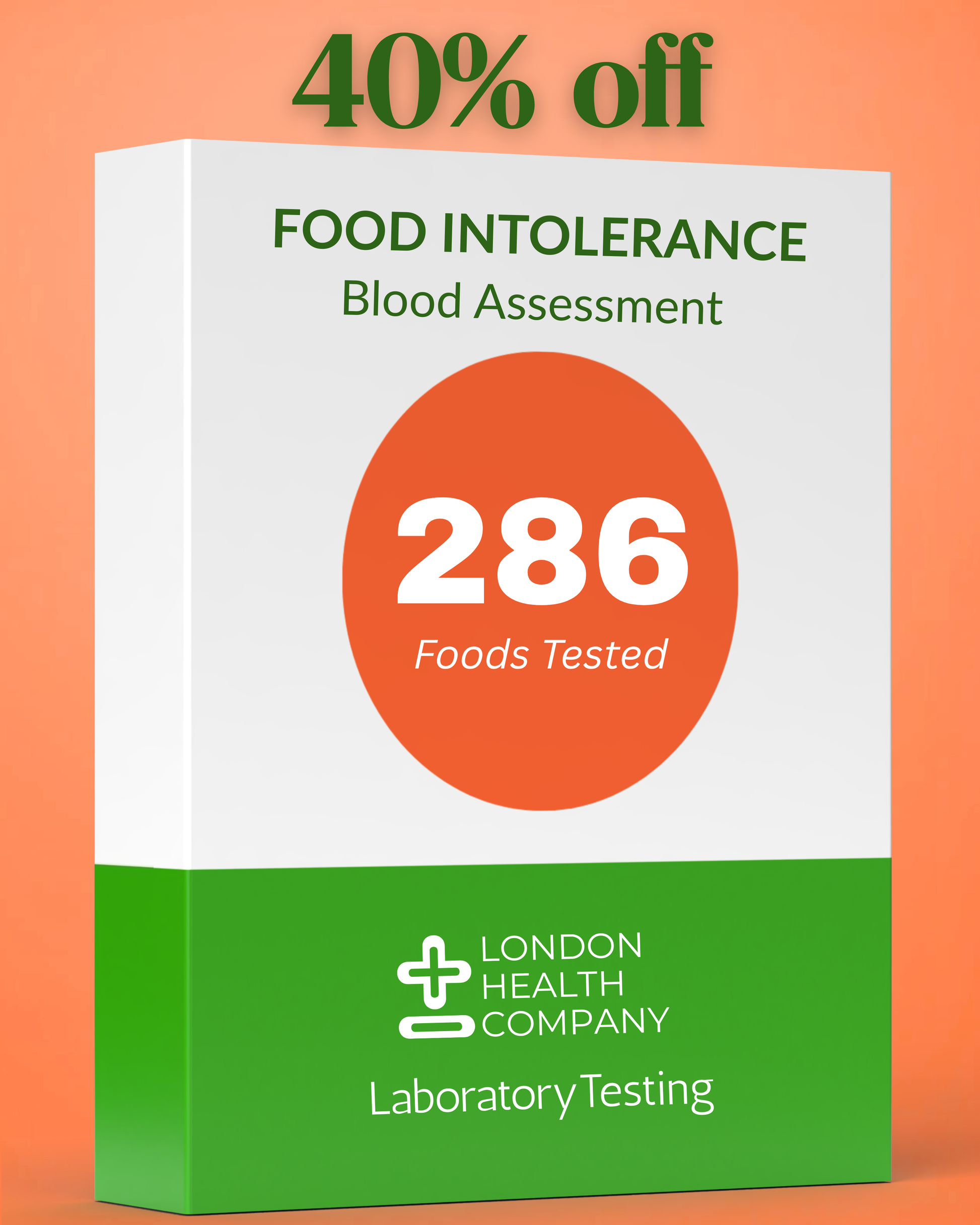 A promotional graphic for a 'Food Intolerance Blood Assessment' by London Health Company. The image shows a 3D box mockup with a white top half, an orange circle containing the number '286' and 'Foods Tested', and a green bottom half.