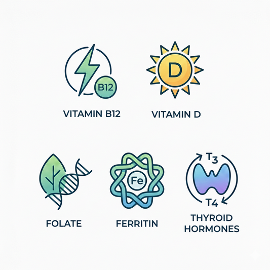 Icons representing Vitamin B12, Vitamin D, Folate, Ferritin, and Thyroid Hormones on a white background.
