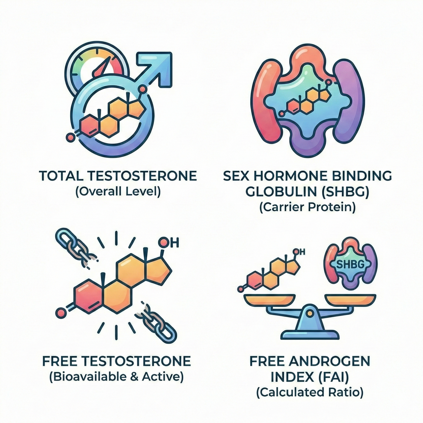 Infographic icons showing biomarkers included in a Male Hormone Test: Total Testosterone, SHBG carrier protein, bioavailable Free Testosterone, and Free Androgen Index (FAI) ratio.
