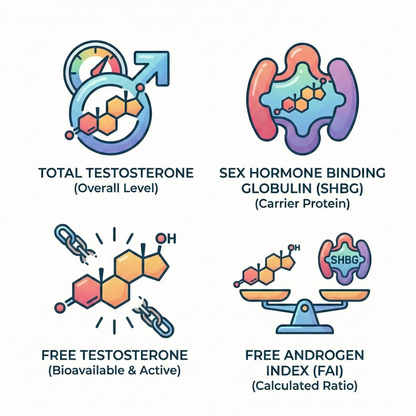 Infographic icons showing biomarkers included in a Male Hormone Test: Total Testosterone, SHBG carrier protein, bioavailable Free Testosterone, and Free Androgen Index (FAI) ratio.