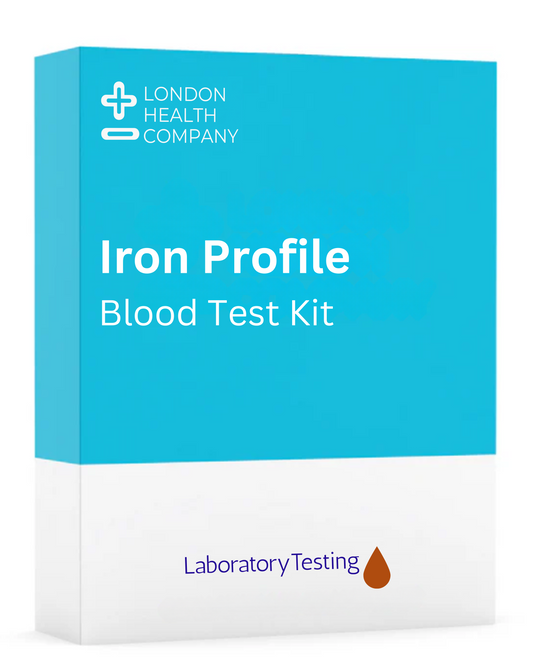 Complete Iron blood test kit for home use, used to measure iron, ferritin, transferrin, TIBC, and transferrin saturation with lab analysis and report