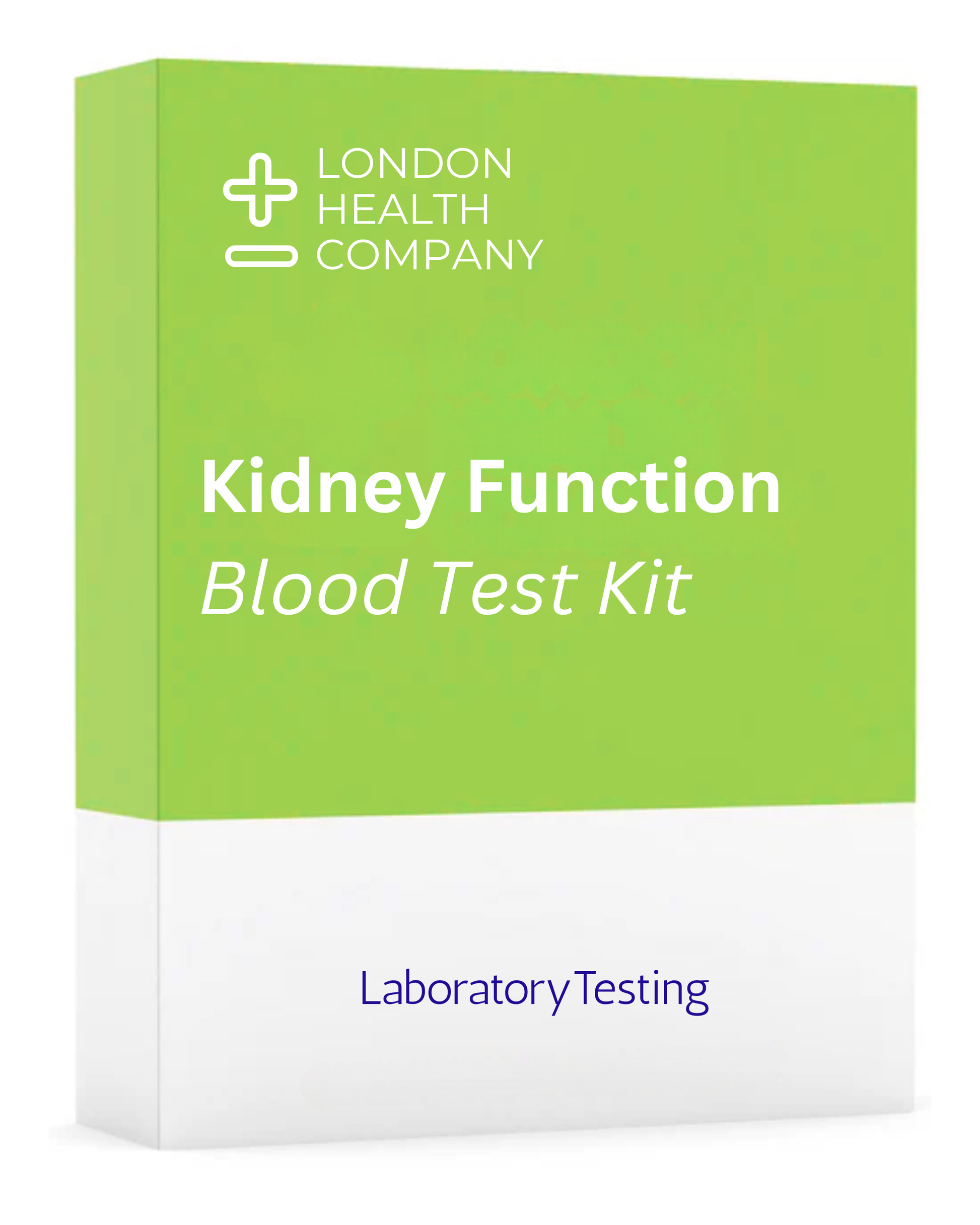 A product box for the London Health Company Kidney Function Blood Test Kit, featuring a bright green top half with white text and a white bottom half with purple text.