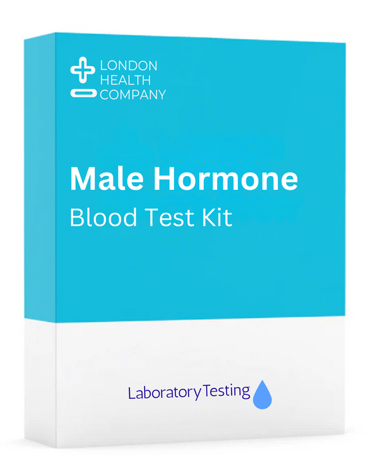 Complete male hormone test  blood collection kit, measuring total testosterone, SHBG, free testosterone, and free androgen index, includes lab repot
