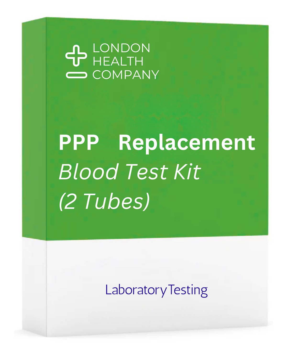 A product box for the London Health Company PPP Replacement Blood Test Kit (2 Tubes), featuring a green top half with white text and a white bottom half with purple text.