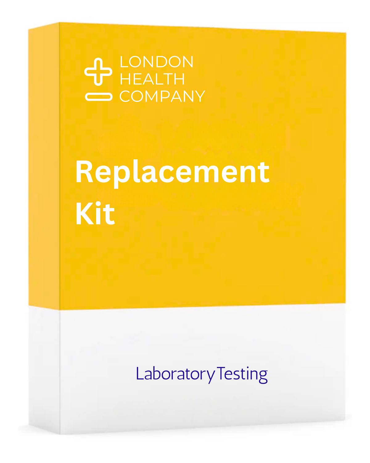 A product box for the London Health Company Replacement Kit, designed for Laboratory Testing. The box features a bright yellow top half with white text and logo, and a white bottom half with purple text.