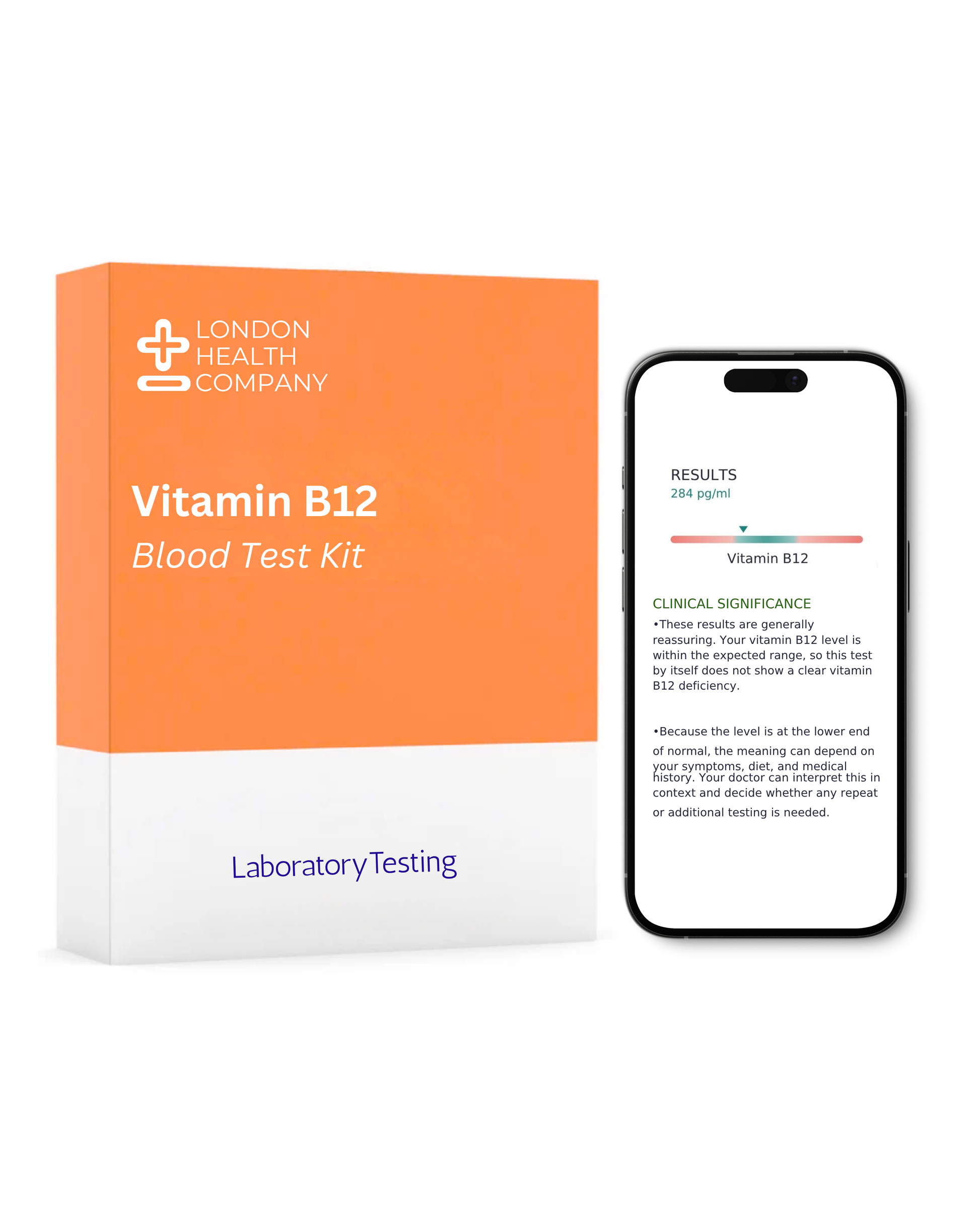 A London Health Company Vitamin B12 Blood Test Kit box shown next to a smartphone displaying the test results screen on a clean white background.