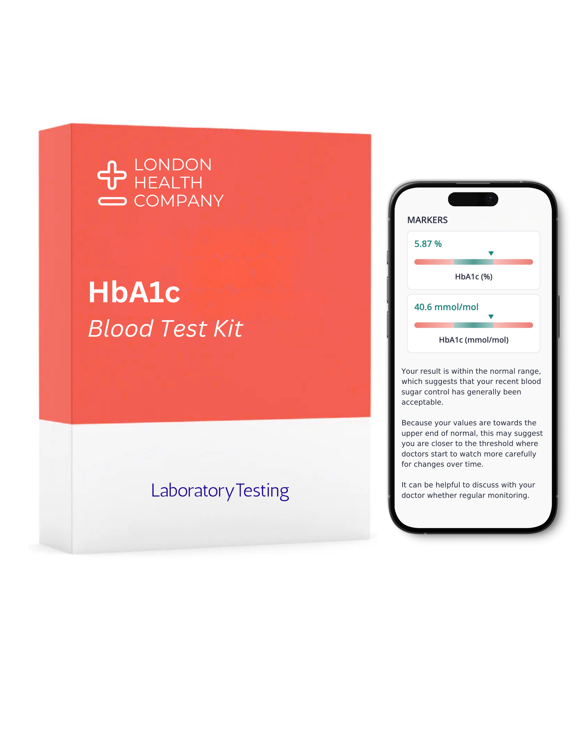 A London Health Company HbA1c Blood Test Kit shown with its retail box and a smartphone displaying a blood test results screen, on a plain white background.