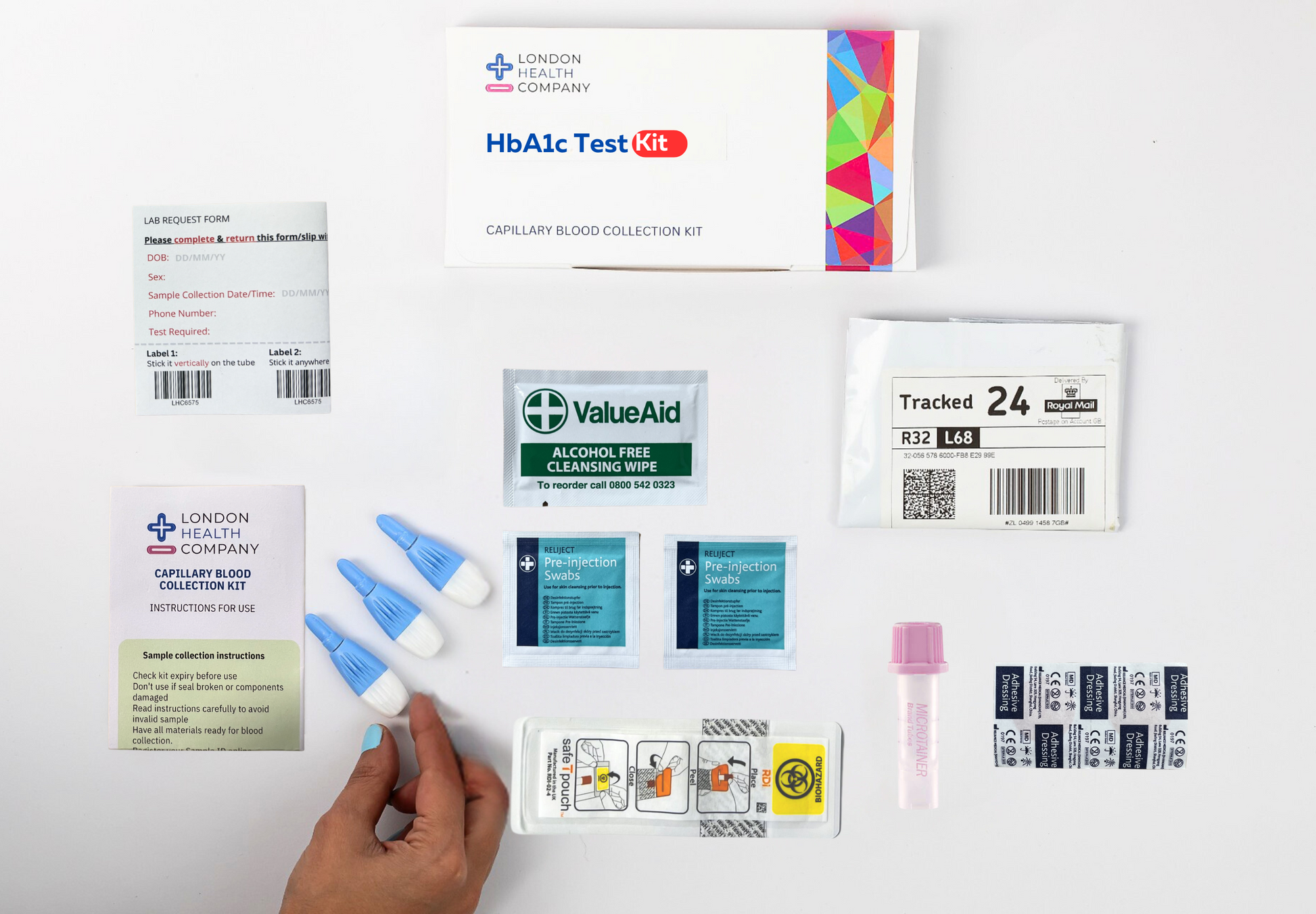 Complete blood collection kit components for HbA1c long-term diabetes including instructions, form, tube, pouch, tube holder, prepaid envelope, plasters, lancets, wipes, and swabs.