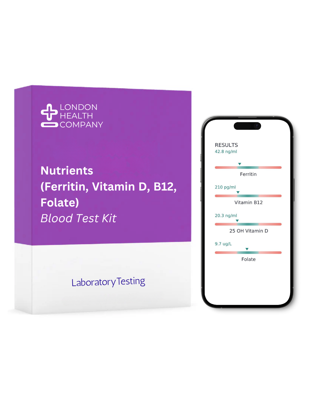 A London Health Company blood test kit box shown next to a smartphone displaying test results on a clean white background.