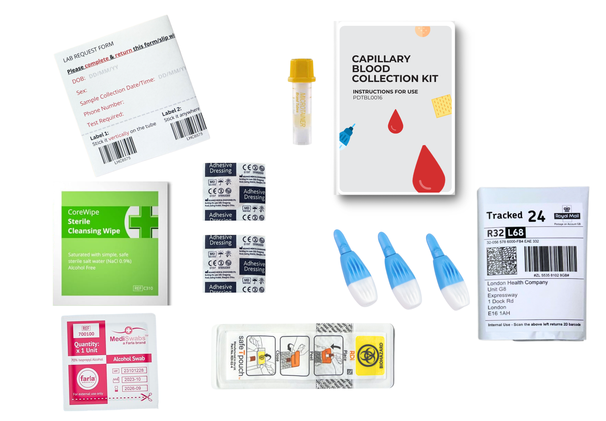 Capillary blood collection kit components and lab request form for at-home iron testing
