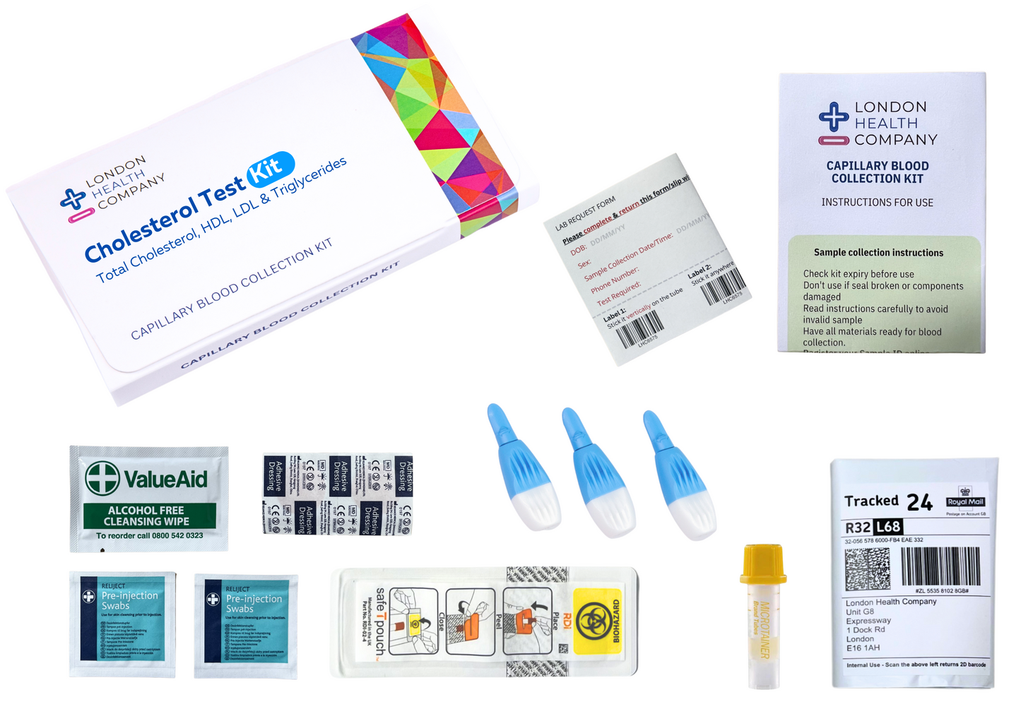 Complete blood collection kit for cholesterol lipid profile ldl hdl triglycerides including instructions, form, tube, pouch, tube holder, prepaid envelope, plasters, lancets, wipes, and swabs.