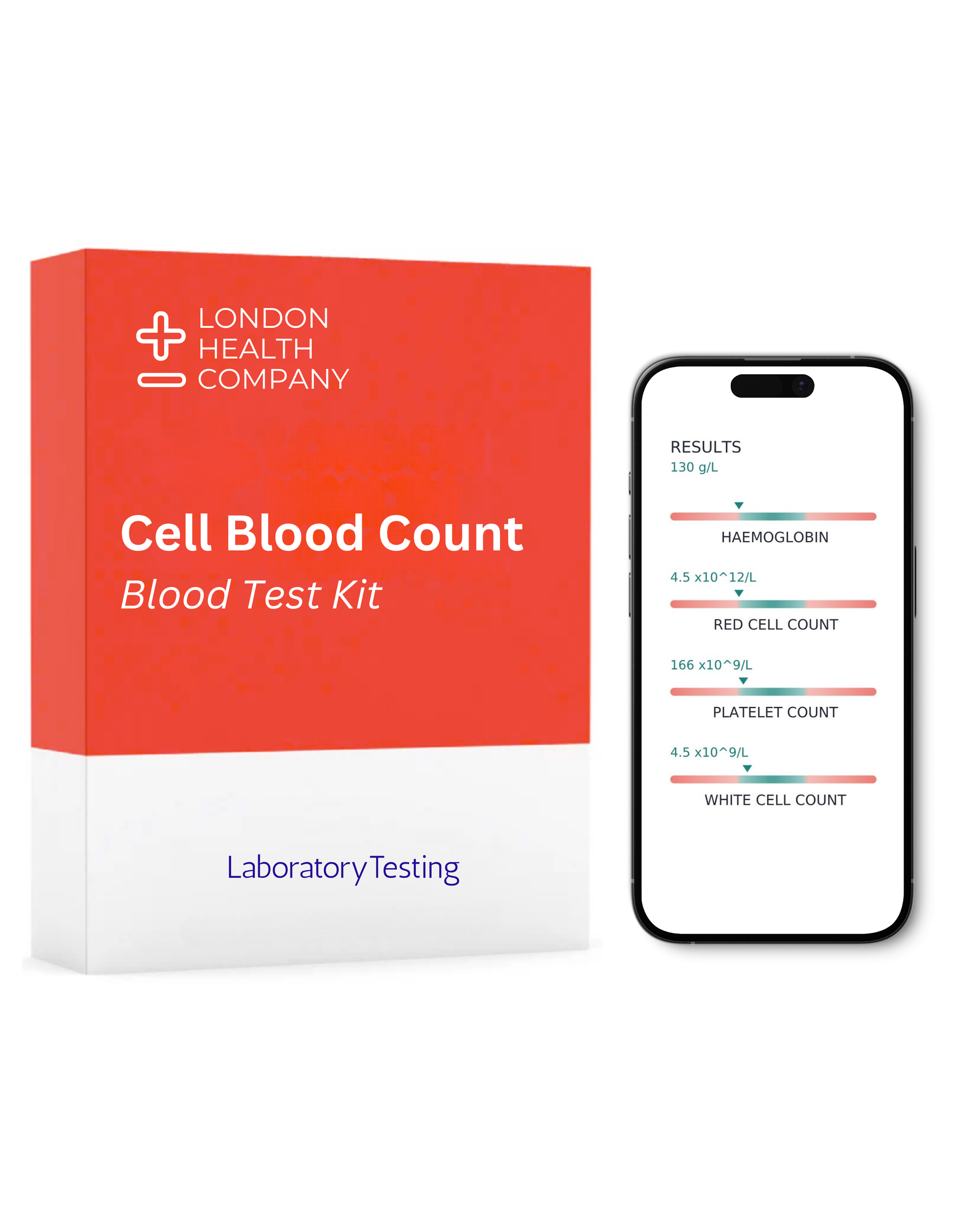 A London Health Company Cell Blood Count Blood Test Kit shown with its red and white retail box next to a smartphone displaying sample blood test results on a clean white background.