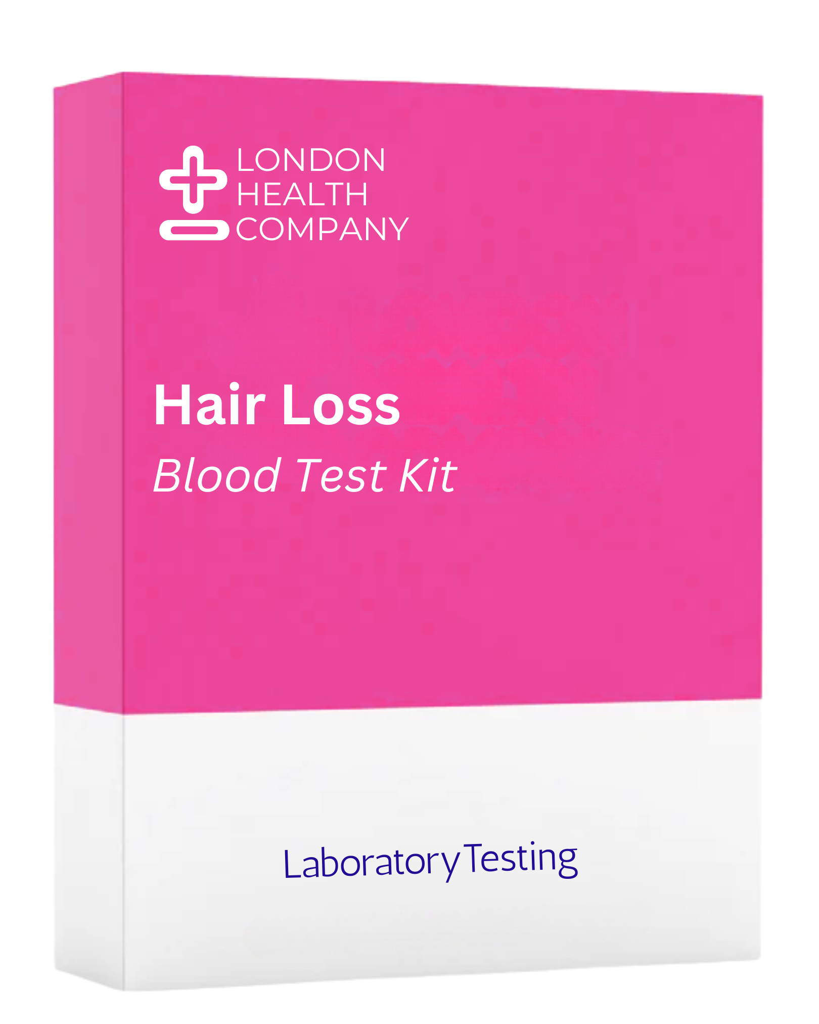 Pink and white box for London Health Company Hair Loss Blood Test Kit on a white background