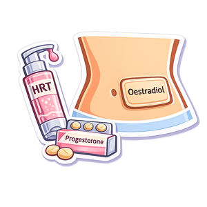Illustration of HRT products including a bottle, pills, and a labeled abdomen with 'Oestradiol' and 'Progesterone' to monitor  female hormones or HRT