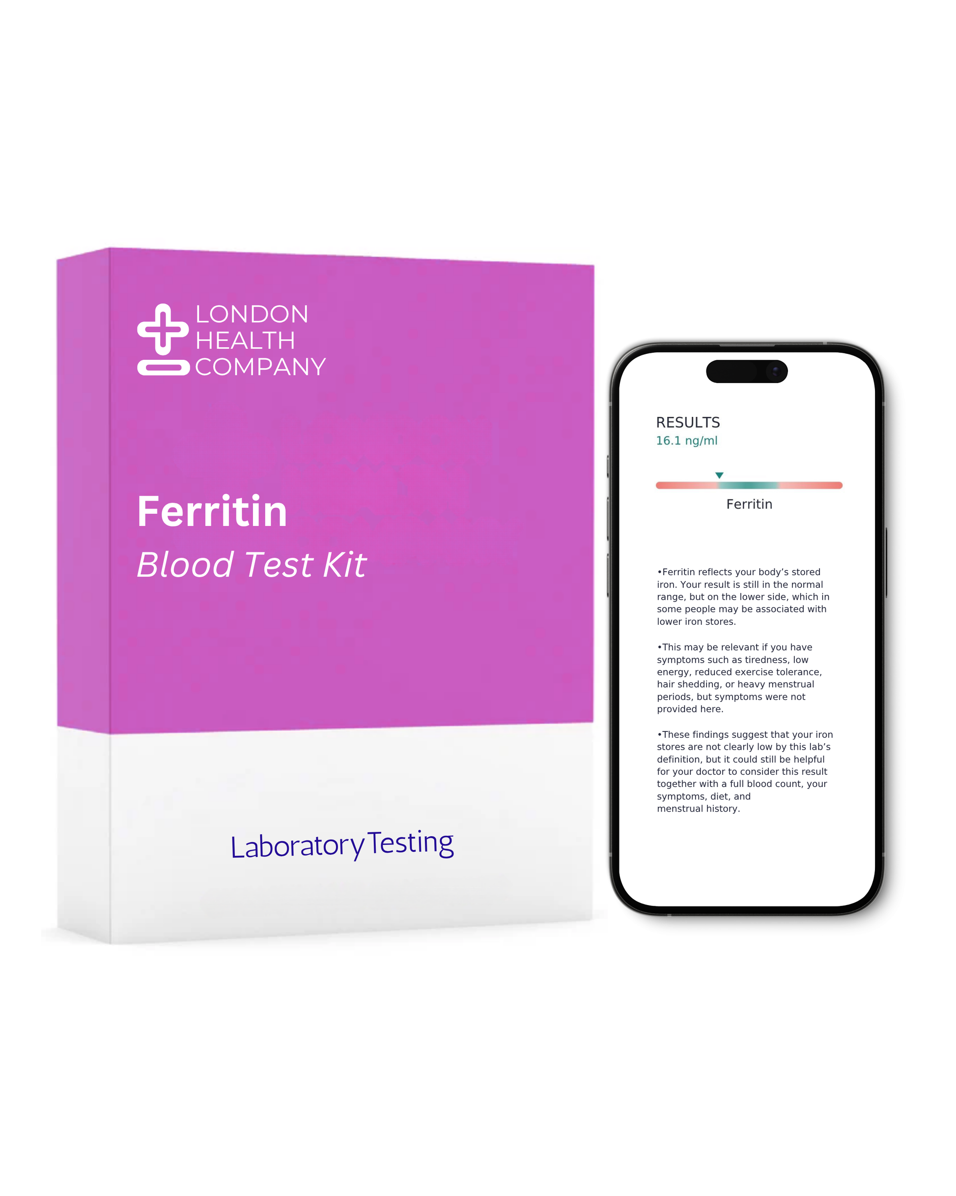 A London Health Company Ferritin Blood Test Kit box shown next to a smartphone displaying the test results screen on a white background.