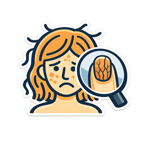 Illustration showing acne, brittle nails, and hair shedding 