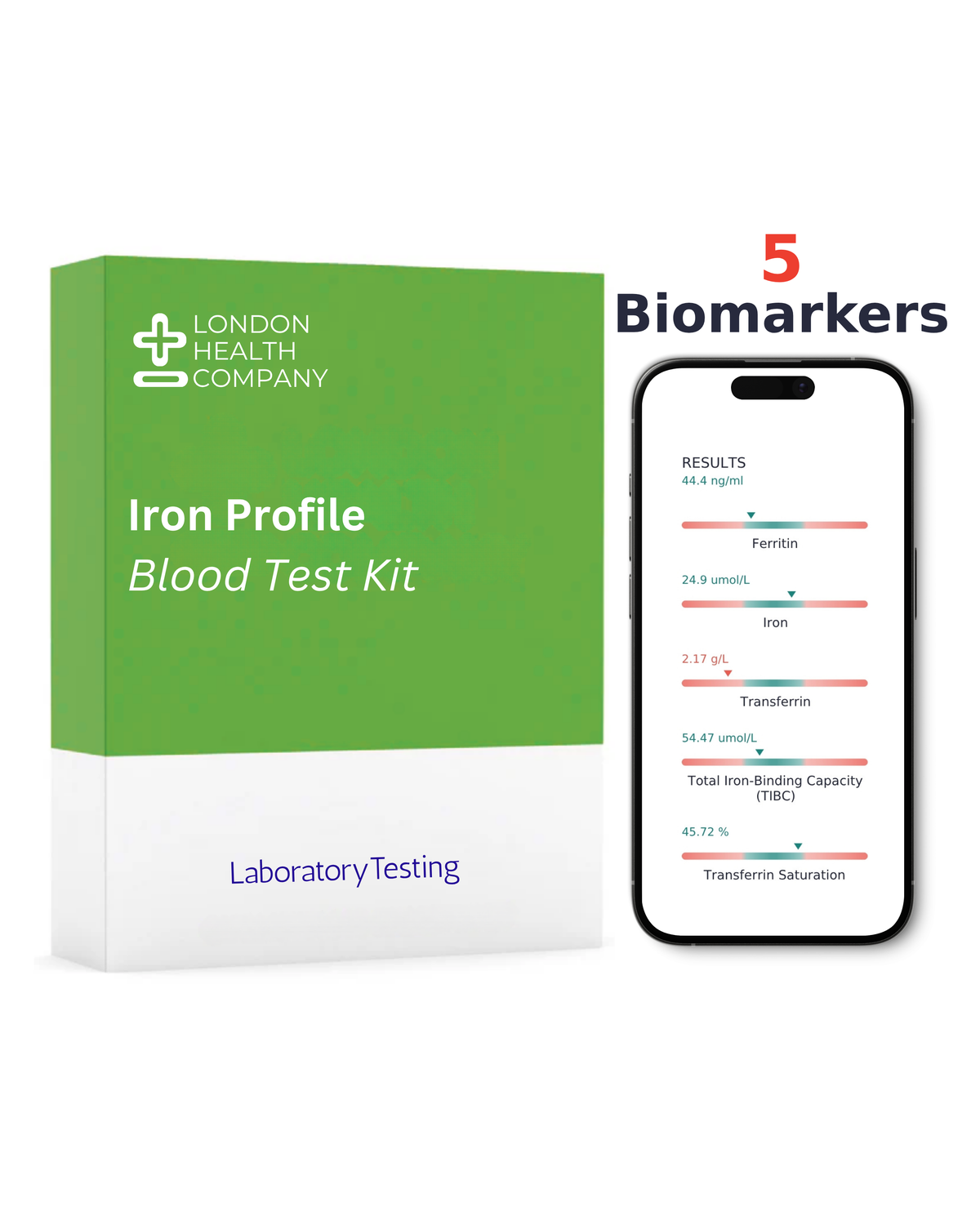 London Health Company Iron Profile Blood Test Kit box shown next to a smartphone displaying biomarker results, on a clean white background.