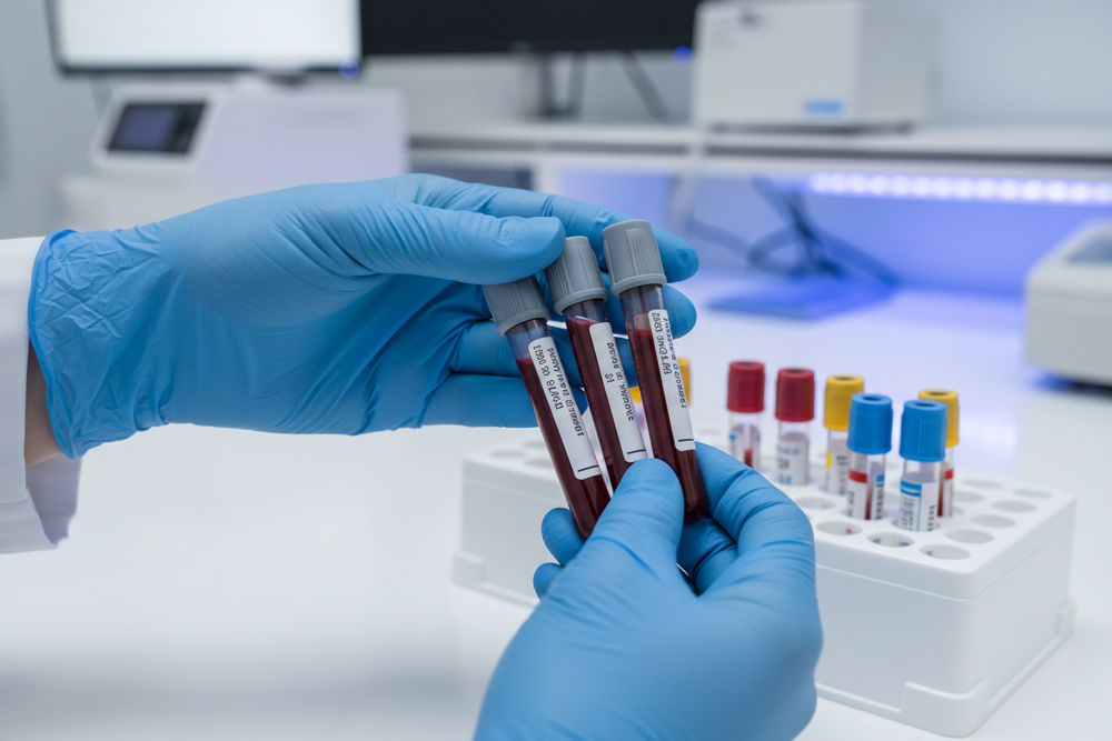 lose-up of gloved hands holding blood sample tubes in a modern laboratory, labeled test vials in tray, clean white and blue lab environment, shallow depth of field, professional diagnostic setting, realistic healthcare photography, soft lighting, focus on precision and care, no faces visible