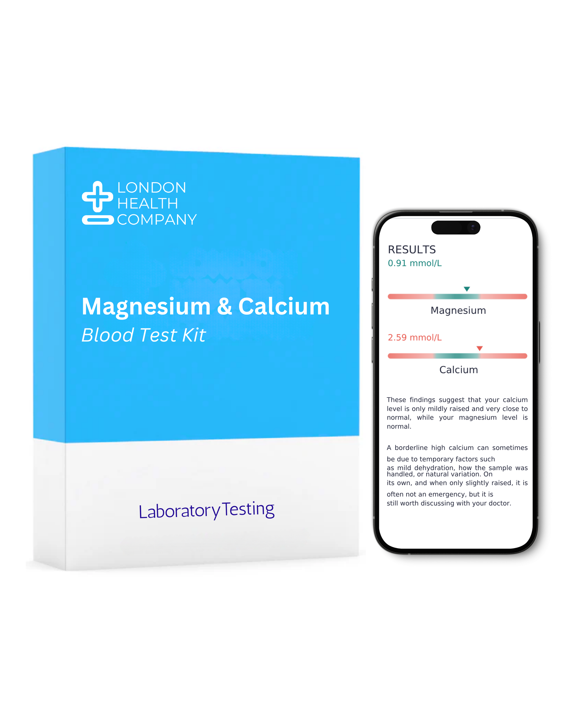 A London Health Company Magnesium & Calcium Blood Test Kit box shown next to a smartphone displaying the blood test results report screen on a clean white background.