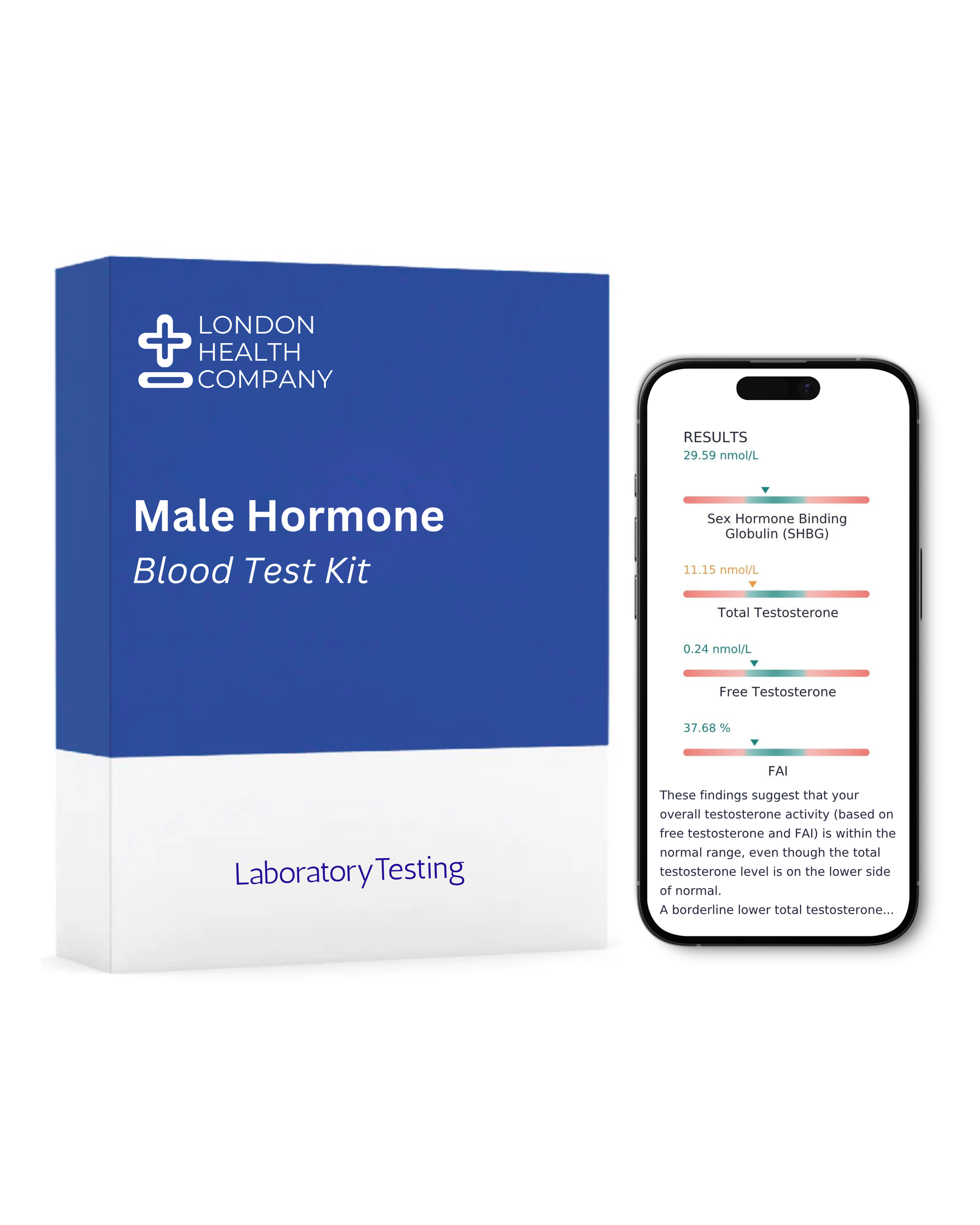 A product box for the London Health Company Male Hormone Blood Test Kit stands next to a smartphone displaying the test results screen on a white background.