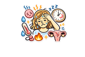 Illustration of a woman with menopause symptoms including headache, mood swings, sleep issues, and hot flashes.