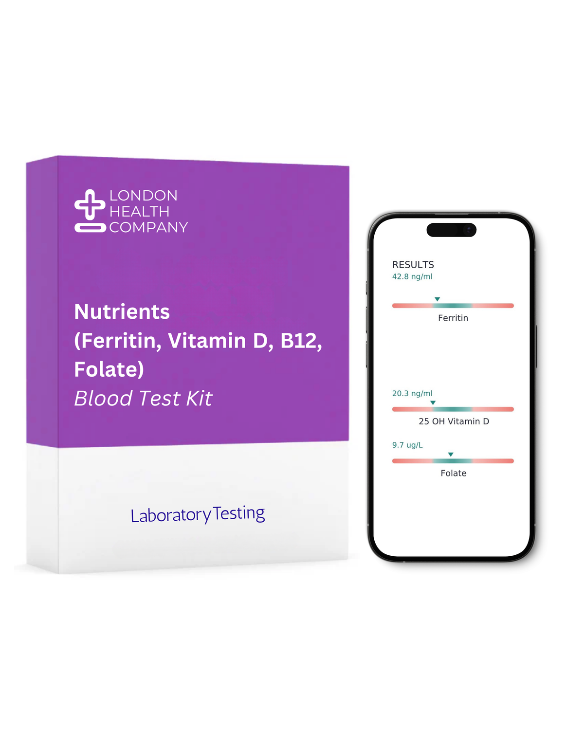 A London Health Company Blood Test Kit box in purple and white stands next to a smartphone displaying test results for Ferritin, Vitamin D and Folate on a clean white background.