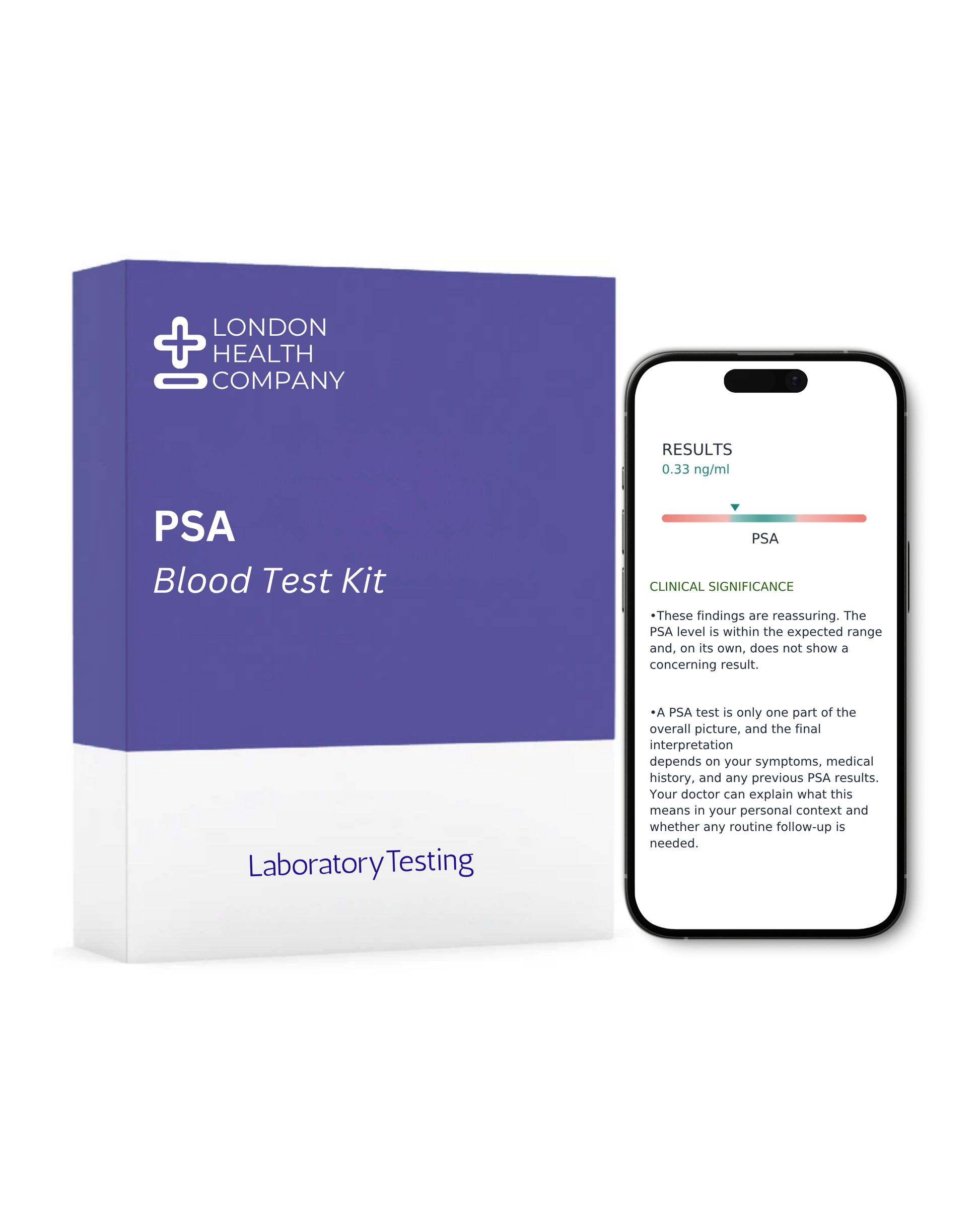 A PSA Blood Test Kit by London Health Company shown with its purple and white box next to a smartphone displaying the companion app results screen, on a clean white background.