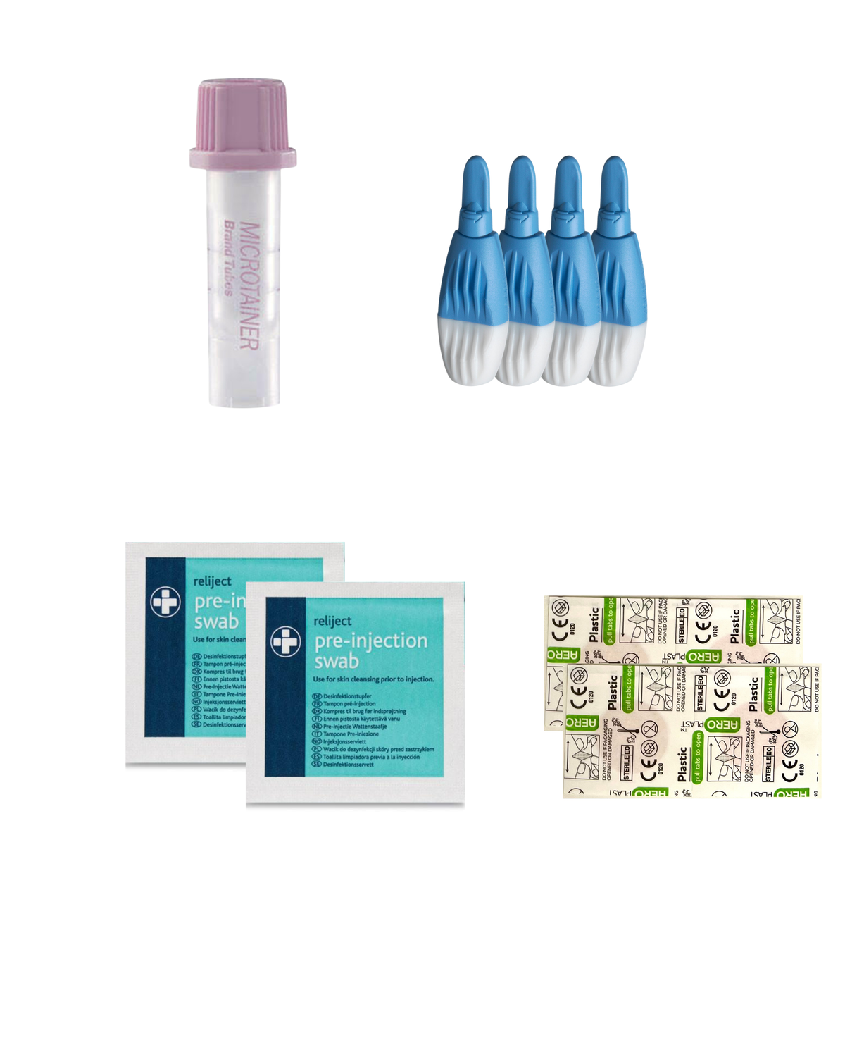 A medical kit containing a microtainer purple EDTA tube, four blue and white syringe tips, two pre-injection swab packets, and several sterile swab packages, all arranged on a plain white background.