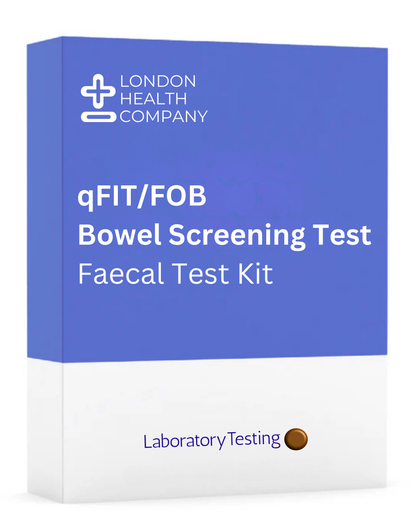 Product box for the Quantitative FOB / FIT Test Kit for advanced gastrointestinal bleed and bowel health checks.
