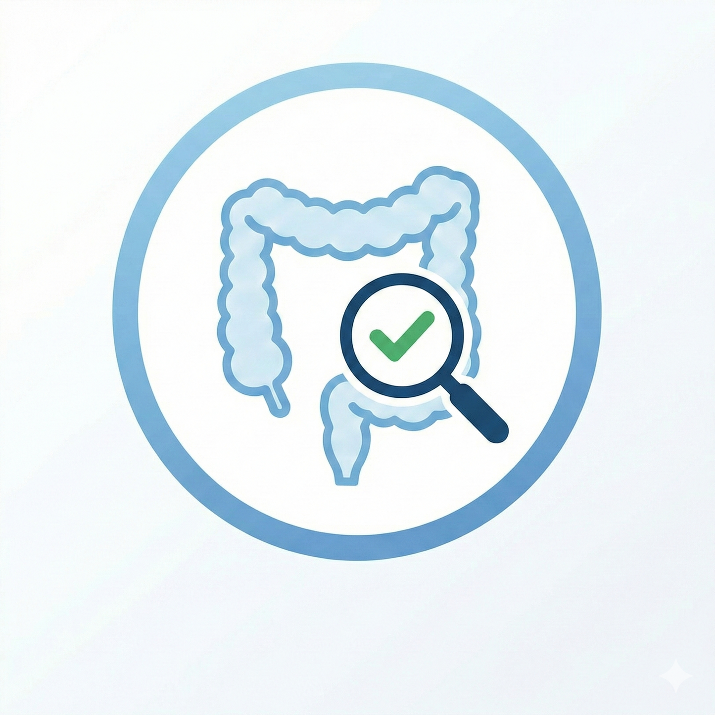 A blue circular icon featuring an illustration of a large intestine with a magnifying glass and a green checkmark overlaid on it, symbolizing a healthy bowel check.