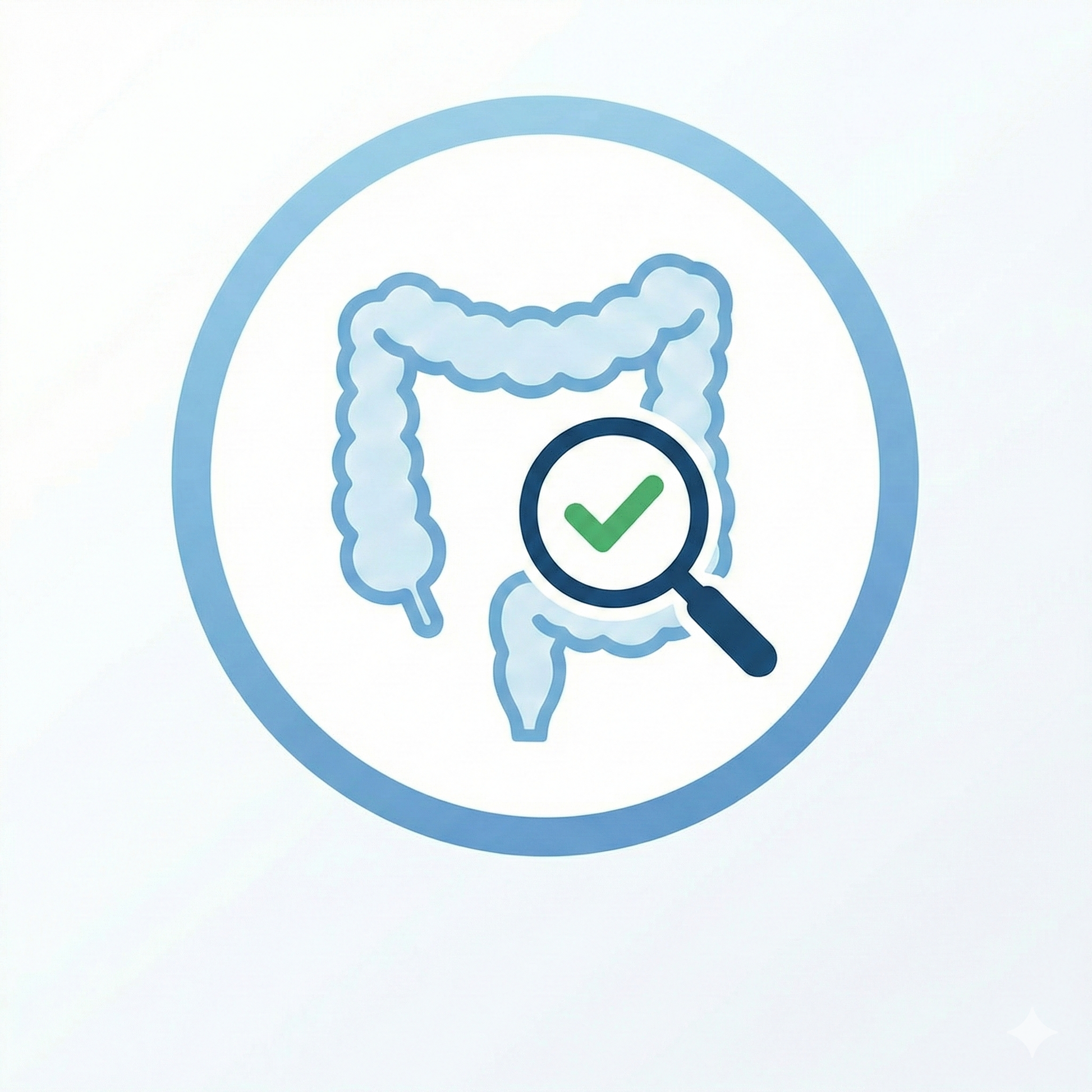 A blue circular icon featuring an illustration of a large intestine with a magnifying glass and a green checkmark overlaid on it, symbolizing a healthy bowel check.