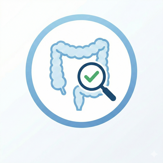 A blue circular icon featuring an illustration of a large intestine with a magnifying glass and a green checkmark overlaid on it, symbolizing a healthy bowel check.