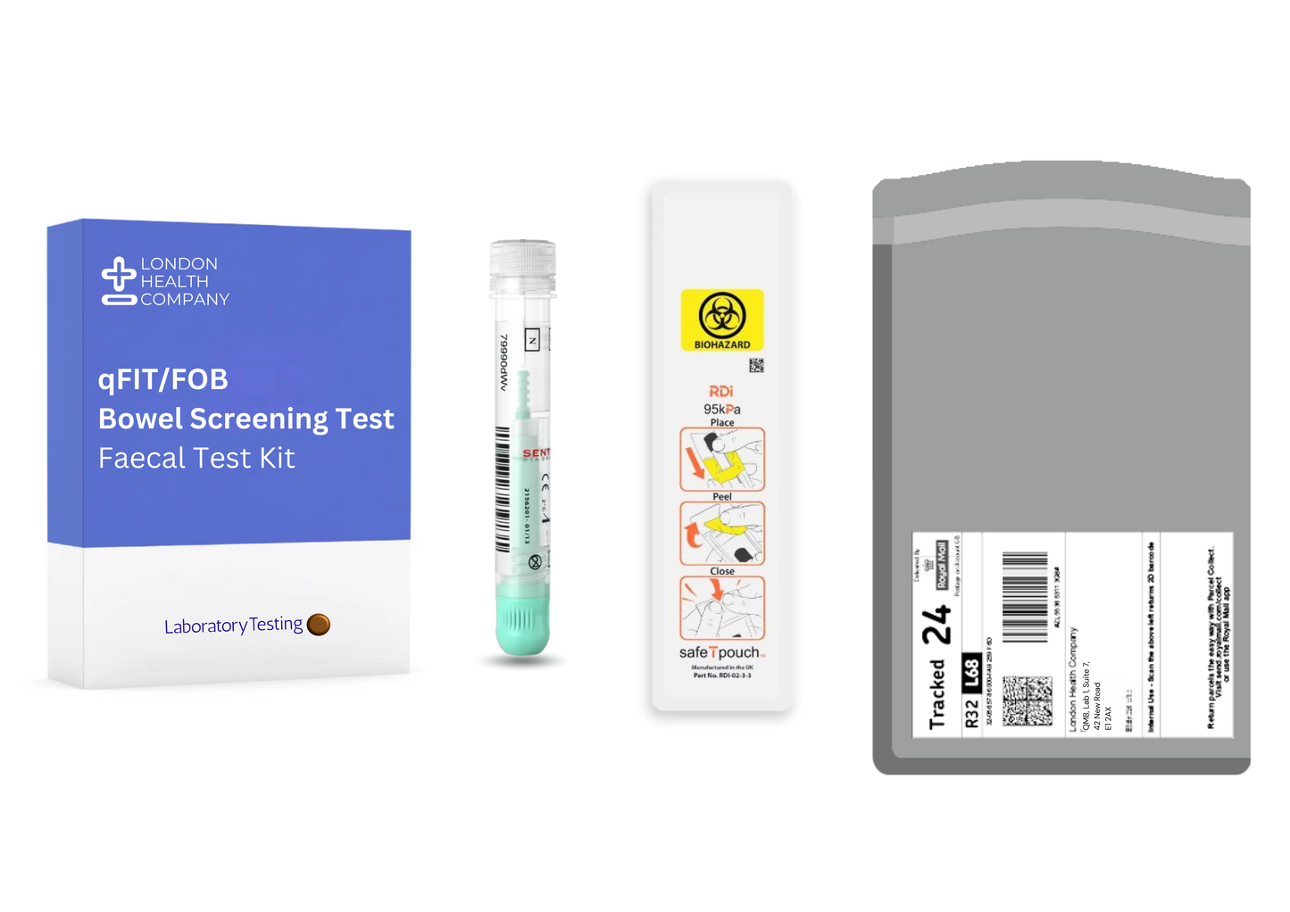 Quantitative FOB / FIT Bowel Health Check Test Kit showing the complete London Health Company kit, sample collection tube, biohazard pouch, and prepaid return envelope.