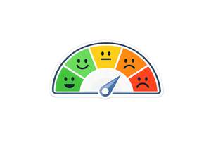 Colourful stress level gauge with smiley face indicators on a white background.